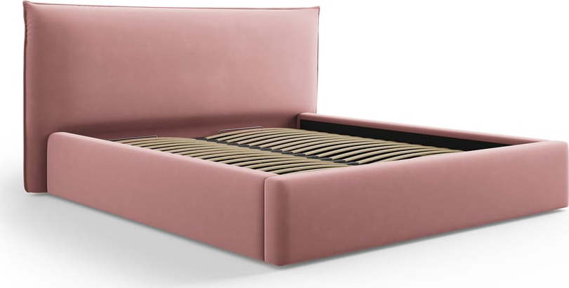 Růžová čalouněná dvoulůžková postel s úložným prostorem s roštem 180x200 cm Elio – Milo Casa