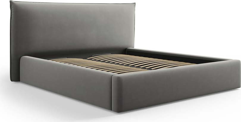 Šedá čalouněná dvoulůžková postel s úložným prostorem s roštem 180x200 cm Elio – Milo Casa