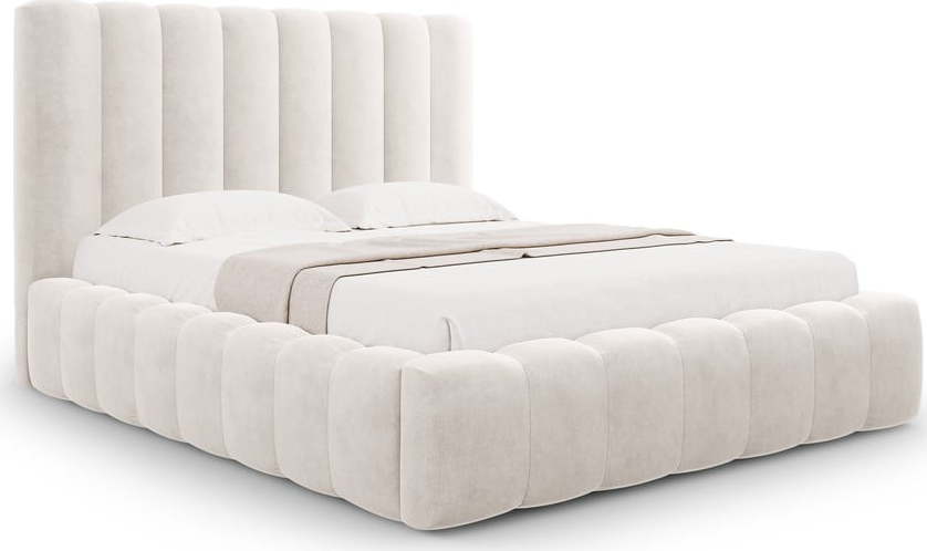 Krémová čalouněná dvoulůžková postel s úložným prostorem a roštem 200x200 cm Kelp – Micadoni Home