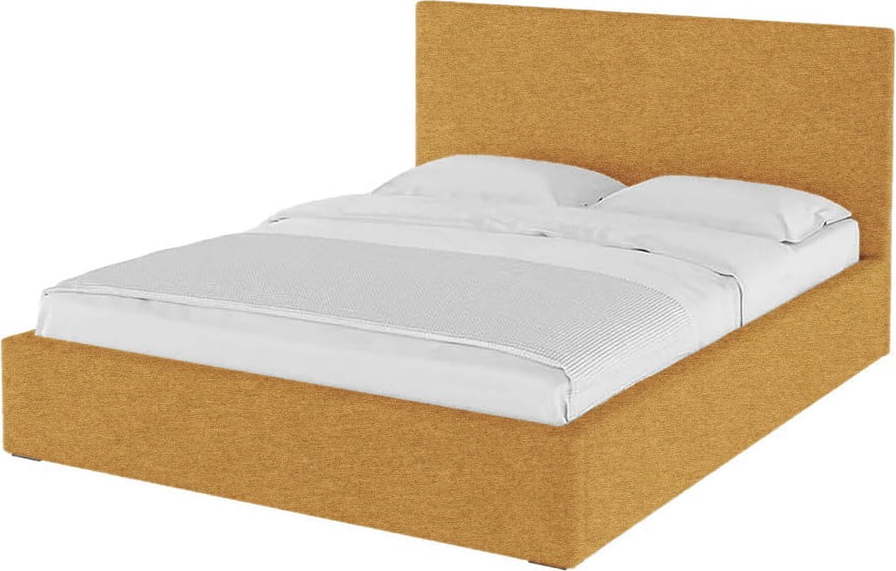 Okrově žlutá čalouněná dvoulůžková postel s úložným prostorem s roštem 160x200 cm Bufo – MESONICA