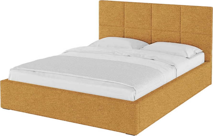 Okrově žlutá čalouněná dvoulůžková postel s úložným prostorem s roštem 180x200 cm Bufo – MESONICA