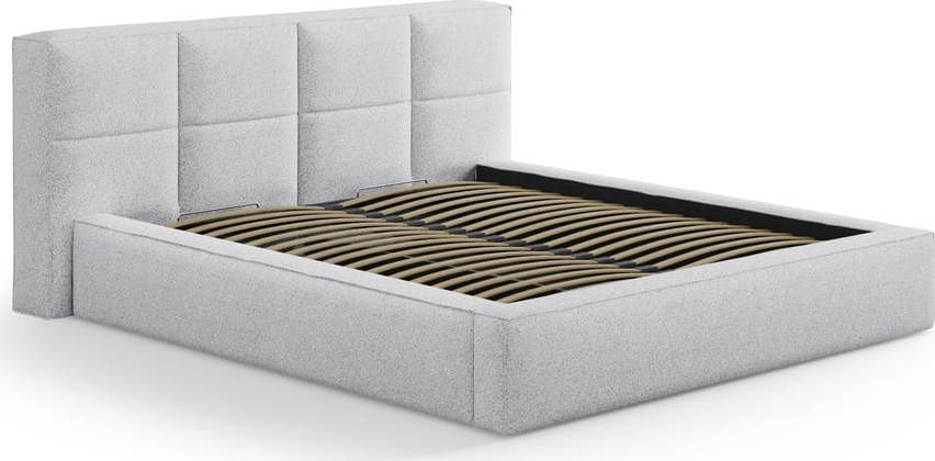 Světle šedá čalouněná dvoulůžková postel s úložným prostorem s roštem 180x200 cm Simon Darren – Micadoni